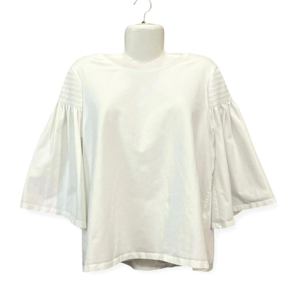 Chico's Women's White Casual 3/4 Sleeve Scoop Neck Smocked Shoulders SZ 3 US/XL - Picture 4 of 11